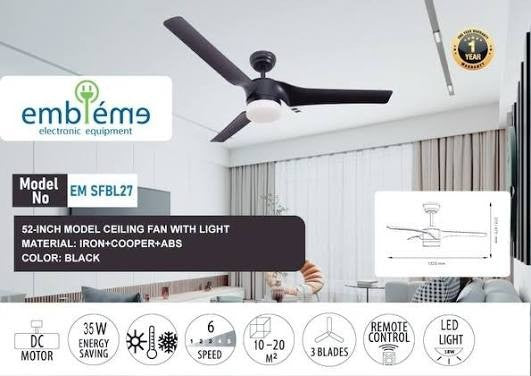 مروحة سقفية امبليوم 52 بوصة اسود Embleme 52-Inch Ceiling Fan – Black