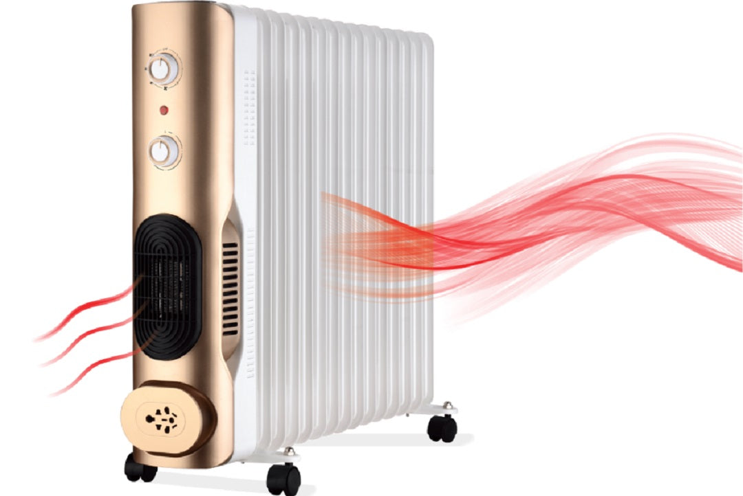 مدفأة زيتية 15 ريشة – موديل EM H15G – قدرة قصوى 2900 واط مع شماعة ملابس Oil-Filled Radiator Heater with 15 Fins and Clothes Drying Rack – Model EM H15G – Maximum Power 2900W