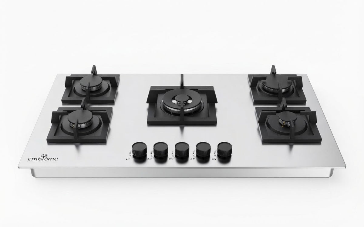 طباخ امبليوم بلت إن 5 شعلات ( ساباف الايطالية ) زجاج أبيض بإطار ستانلس ستيل موديل Empleum Built-in Gas Hob, 5 Burners (Italian SABAF), White Glass with Stainless Steel Frame, Model EM BRIT5B