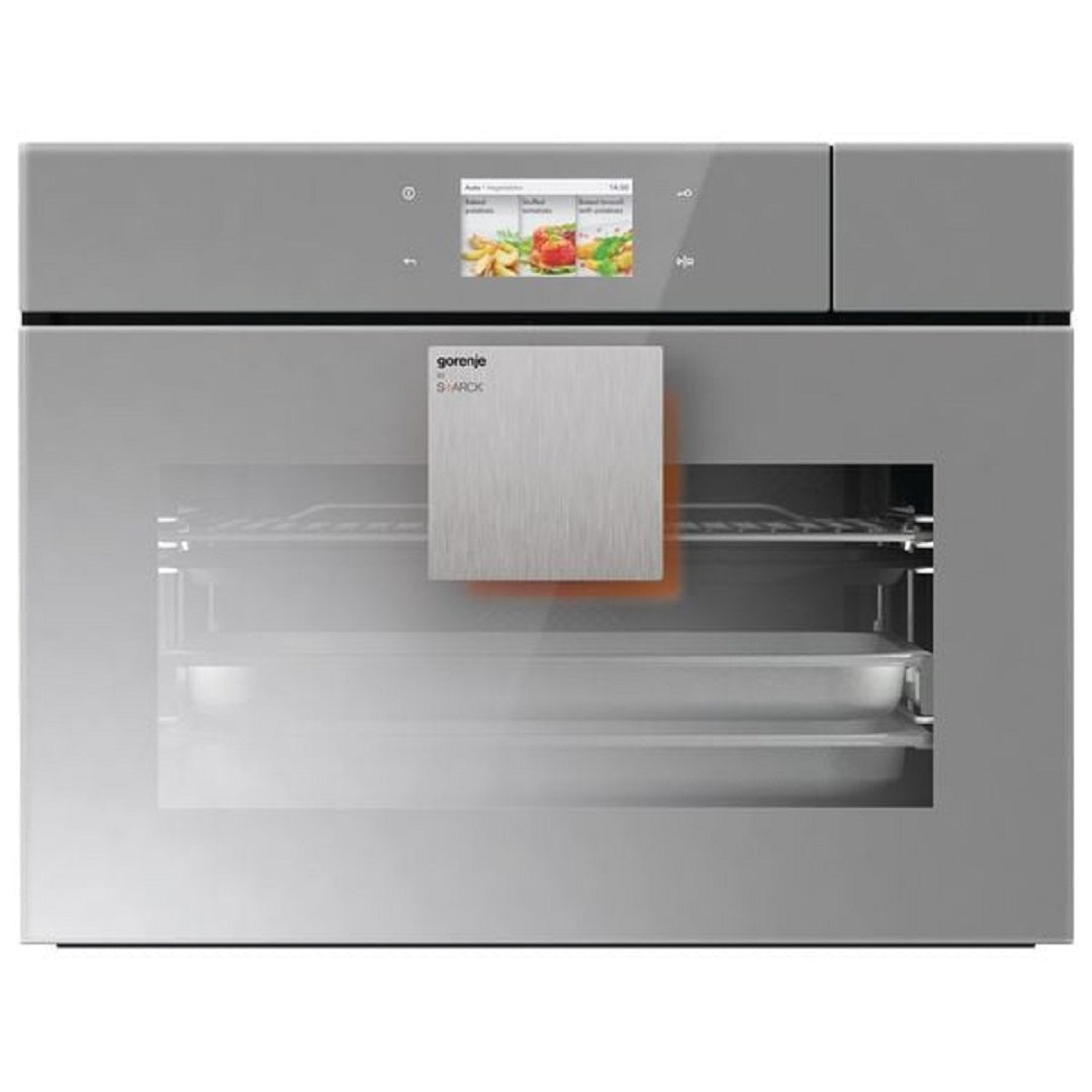 فرن بخاري مدمج صغير من غورينجي – سعة 50 لترًا – لون رمادي عاكس. Gorenje Built-in Compact Steam Oven – 50L – Model BCS599ST – Reflective Grey