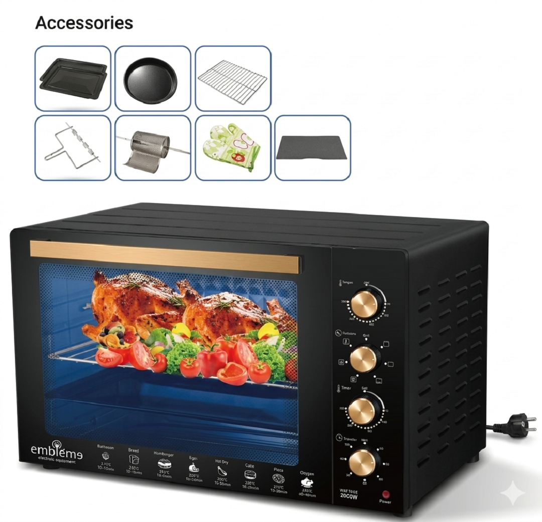 فرن إمبليوم ٨٠ لتر (Embleme) الكهربائي سعة كبيرة - 2400 واط مع طقم ملحقات كامل Embleme 80-Liter Electric Oven – Large Capacity, 2400 Watts, with a Complete Set of Accessories