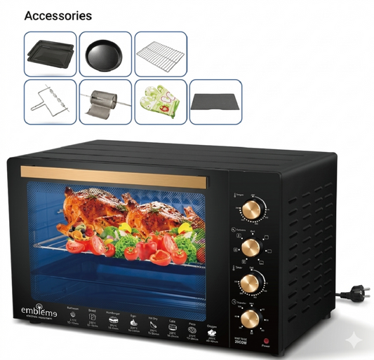فرن إمبليوم ٨٠ لتر (Embleme) الكهربائي سعة كبيرة - 2400 واط مع طقم ملحقات كامل Embleme 80-Liter Electric Oven – Large Capacity, 2400 Watts, with a Complete Set of Accessories
