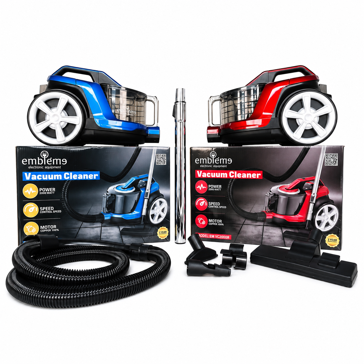 مكنسة كهربائية صناعية احترافية – قدرة 2000 واط – أنبوب كروم وريموت Embleme Professional Industrial Vacuum Cleaner – Model EM-D2000B – 2000W – Chrome Tube with Remote Control